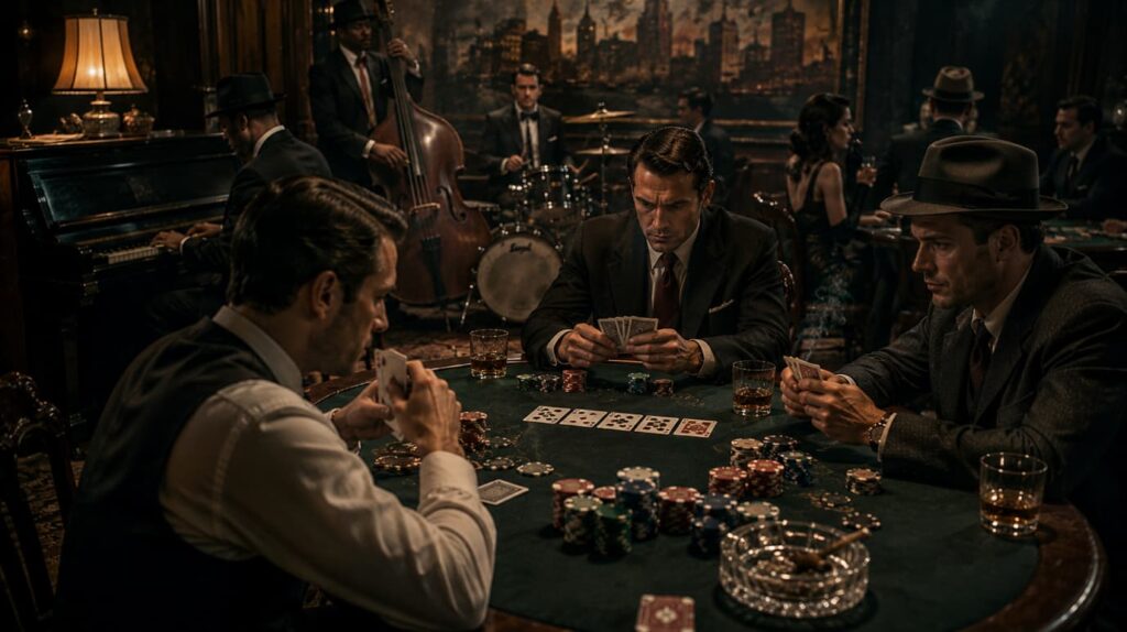 Mesas de Póquer, Ragtime e Blues – poker, casino chips and jazz film score mood